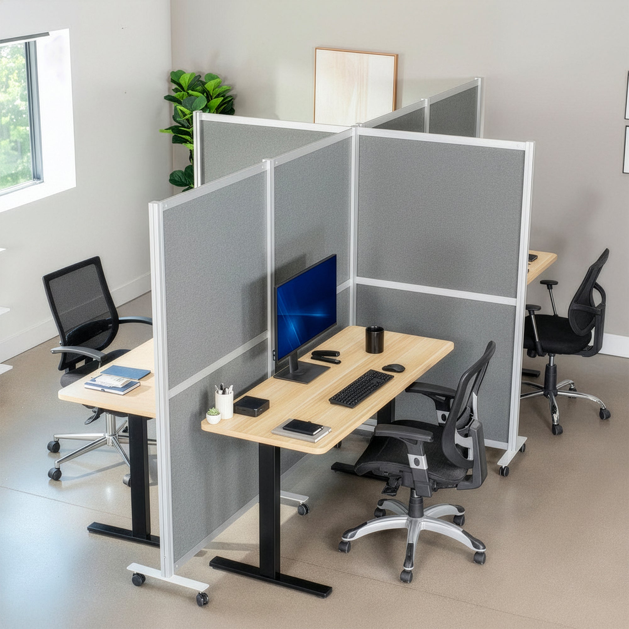 Modern office setup with desk, chairs, and Mobile Modular Wall System Freestanding Room Dividers.