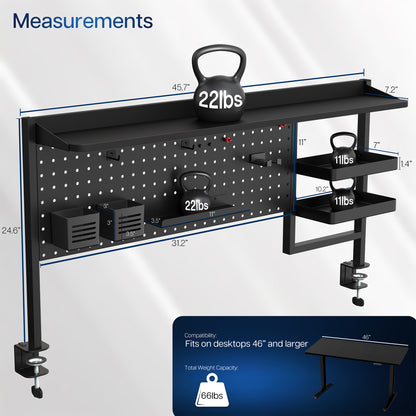 Black wall-mounted workout station with measurements and weight display on a white background