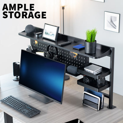 Black office desk with computer setup and ample storage space.
