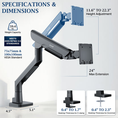VIVO PRO Pneumatic Arm Single Ultrawide Monitor Desk Mount - Up to 57" Screens