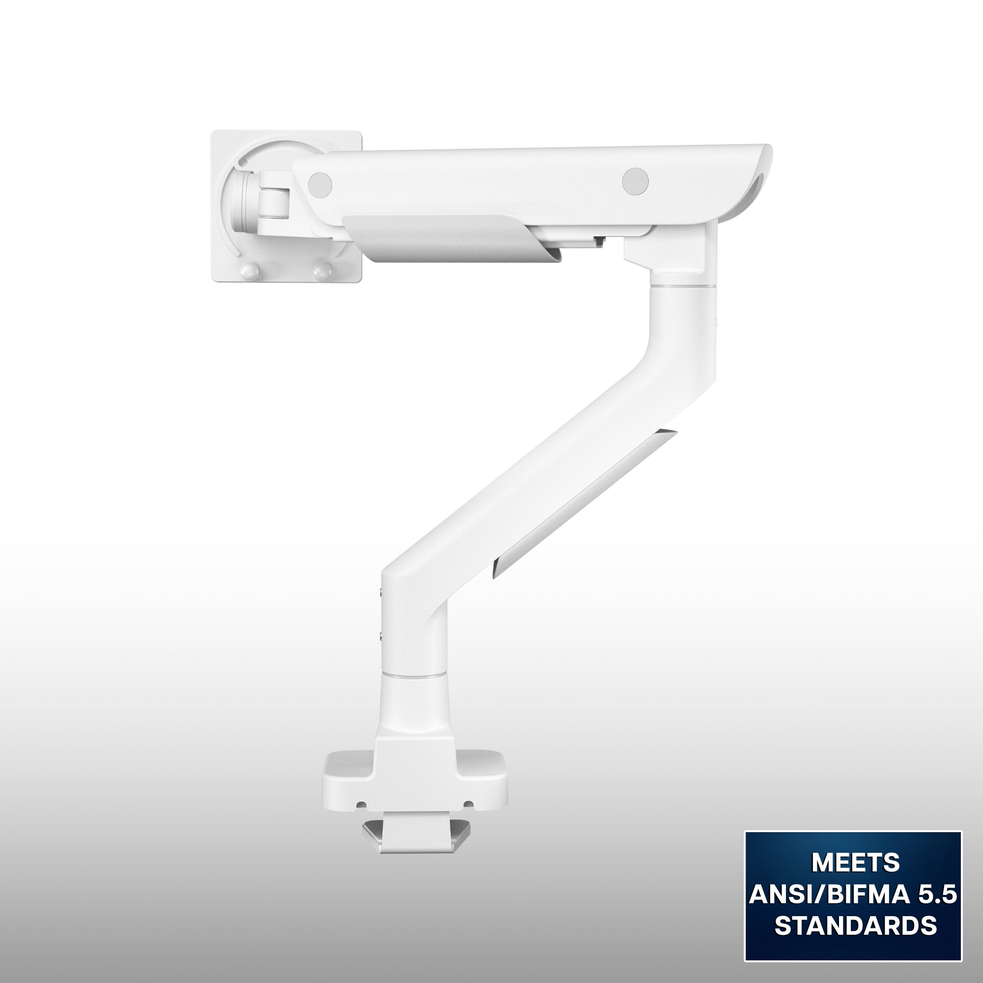 A premium white adjustable monitor arm with a bracket and base, shown on a light gray gradient background with a blue badge in the bottom right that reads 'MEETS ANSI/BIFMA 5.6 STANDARDS'.