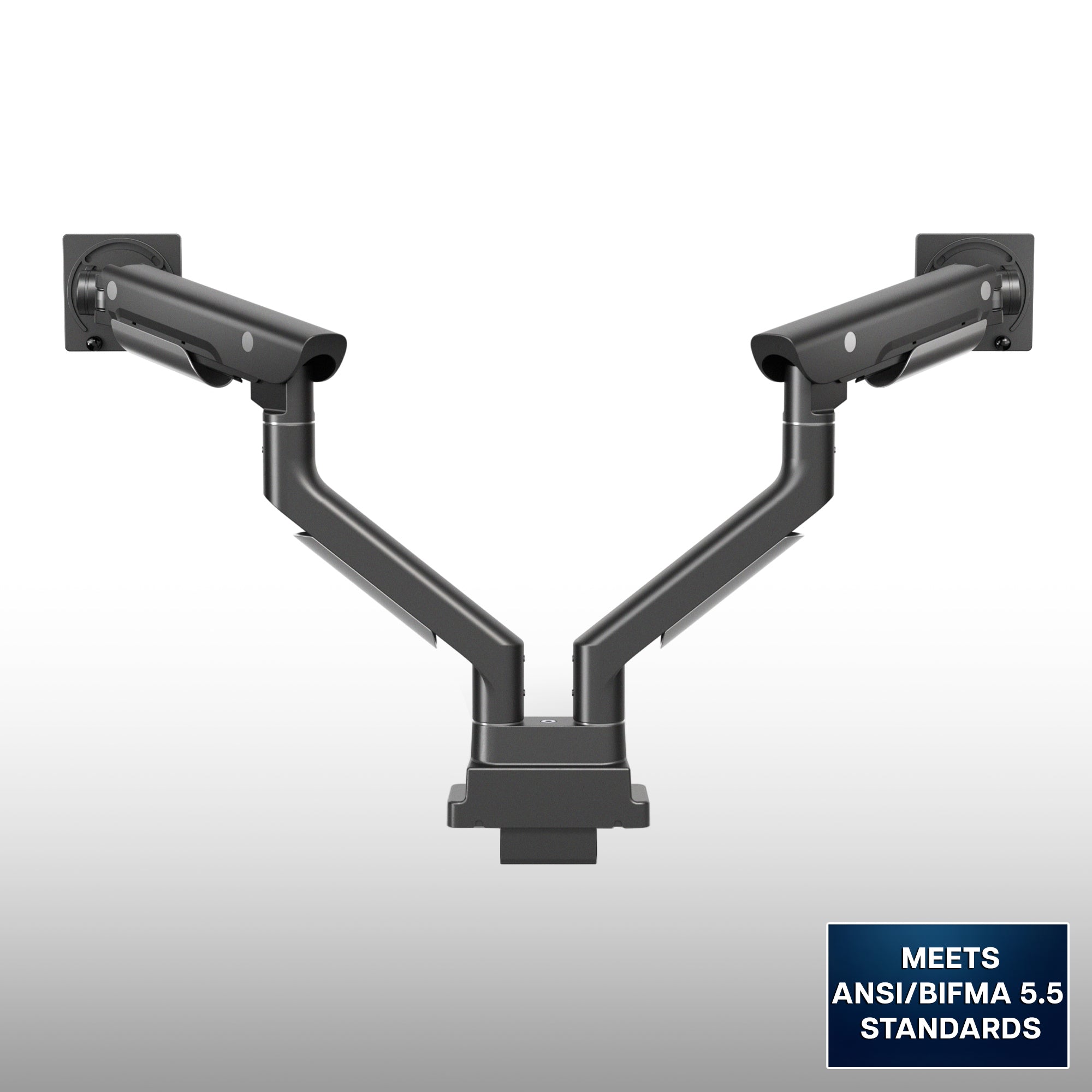 A premium, dual-arm black monitor mount, shown on a light gray gradient background with a blue compliance badge in the bottom right corner.