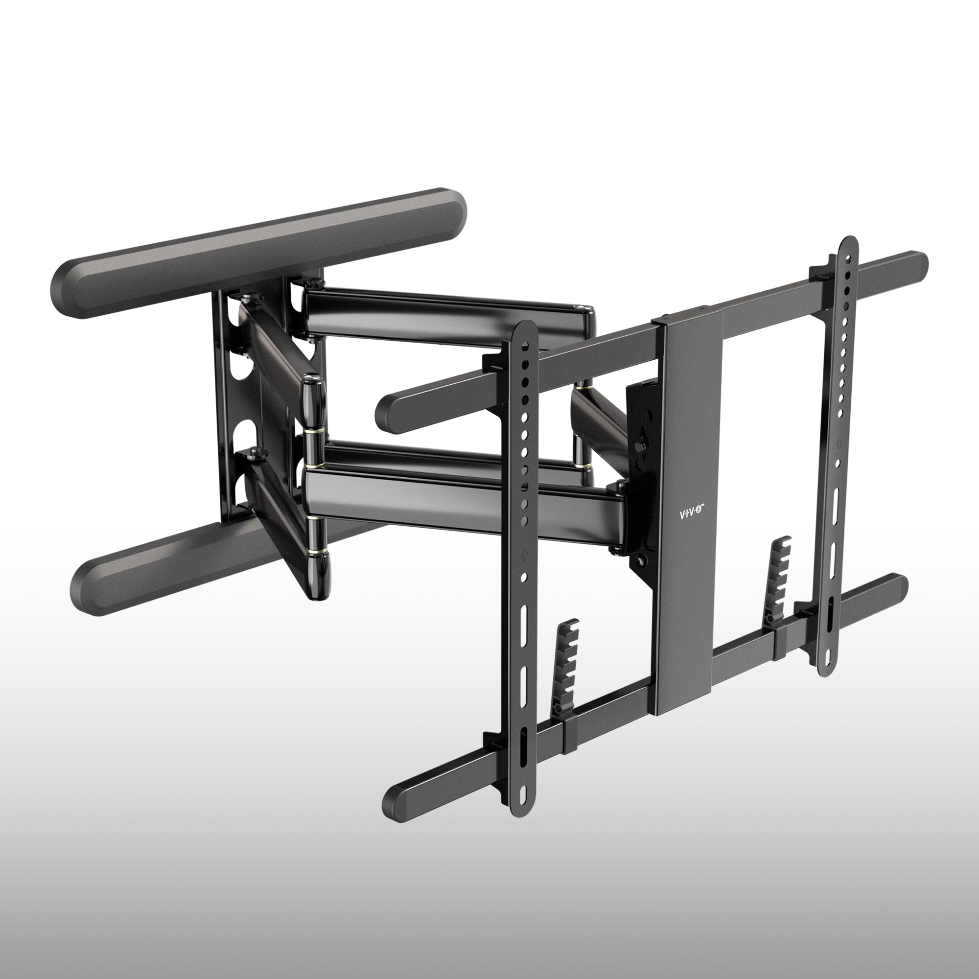 A black adjustable TV wall mount with articulated arms and mounting plates, shown on a light gray gradient background.