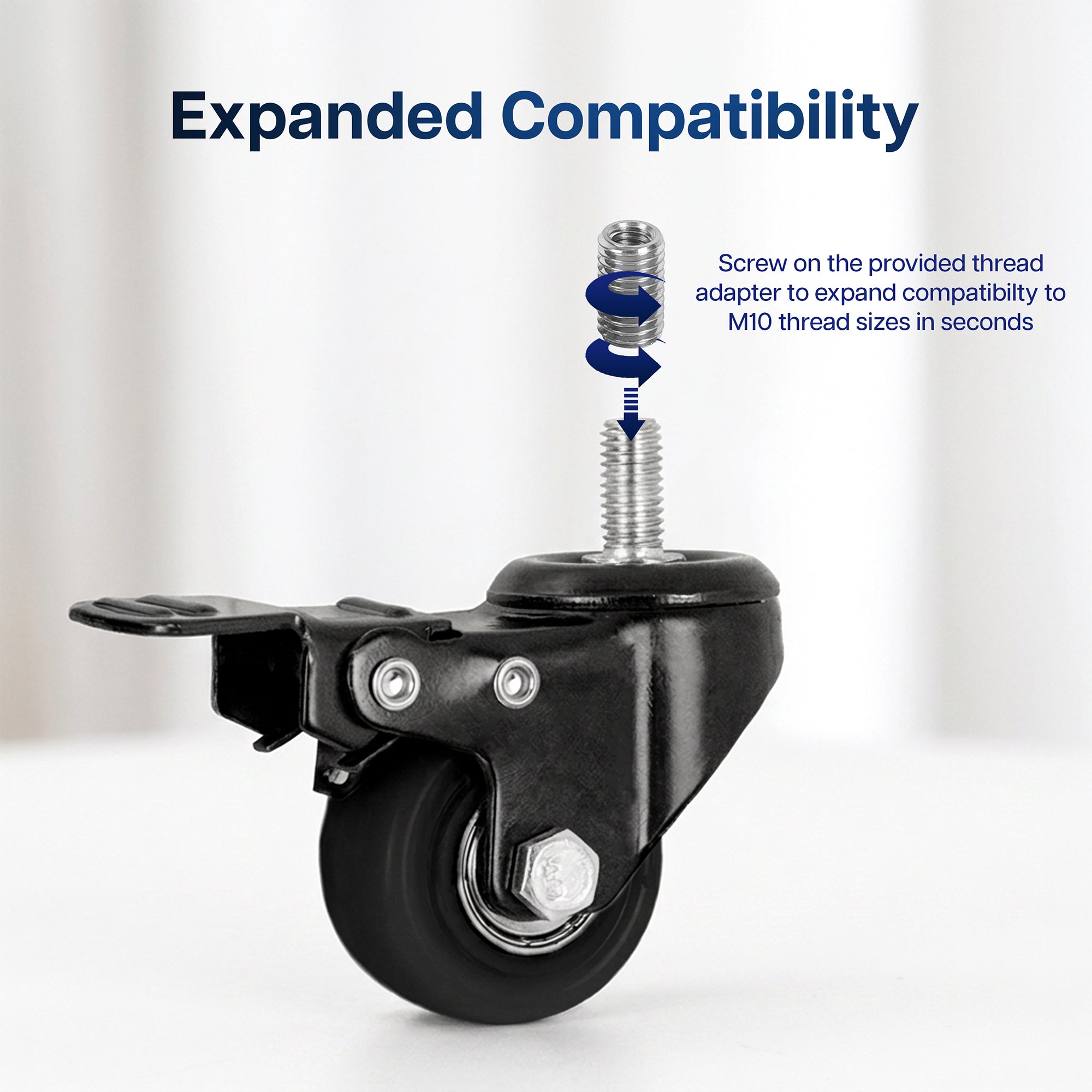 Black caster wheel with metal hardware and a threaded adapter shown on a clean white background, with text reading 'Expanded Compatibility' and a blue arrow indicating compatibility expansion.