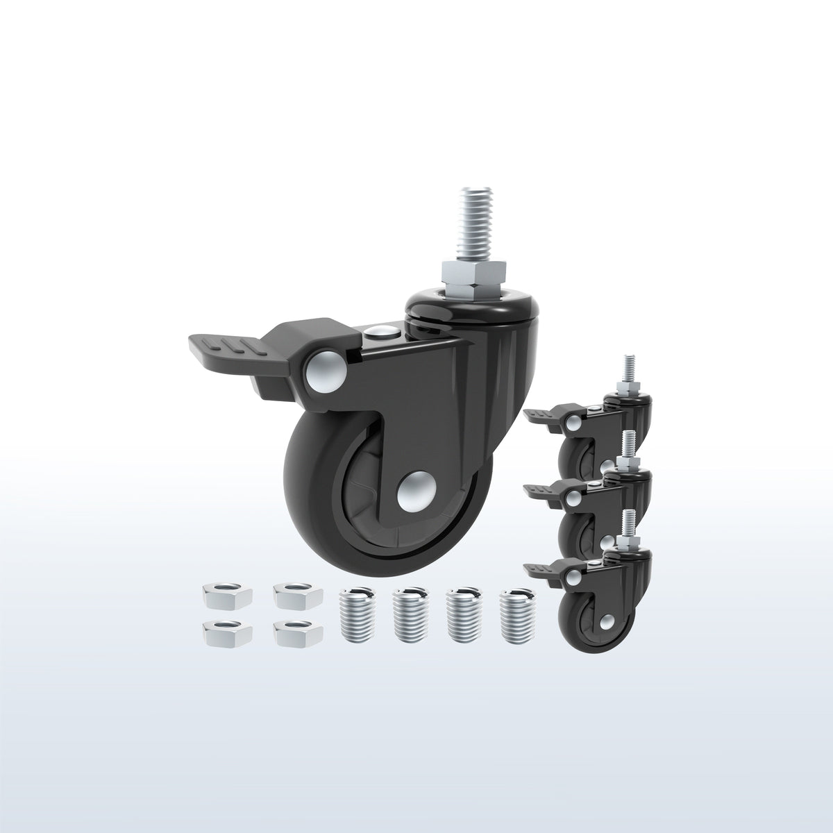 Black caster wheel with silver metal mounting hardware, shown alongside three additional wheel units and four hex nuts on a light gray gradient background.