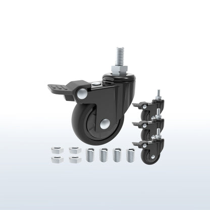 Black caster wheel with silver metal mounting hardware, shown alongside three additional wheel units and four hex nuts on a light gray gradient background.
