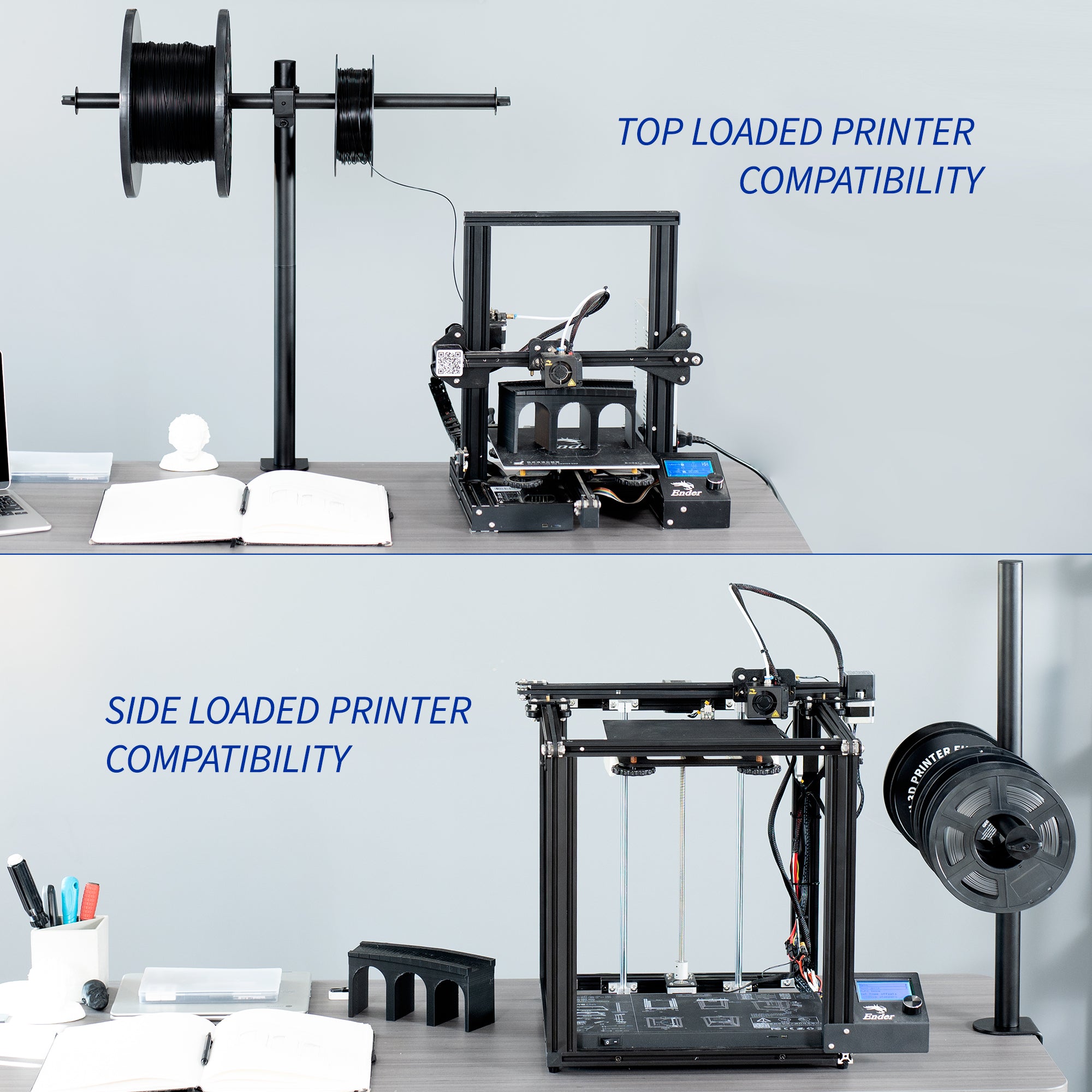 Sturdy clamp-on height adjustable reel holder for 3D printer.