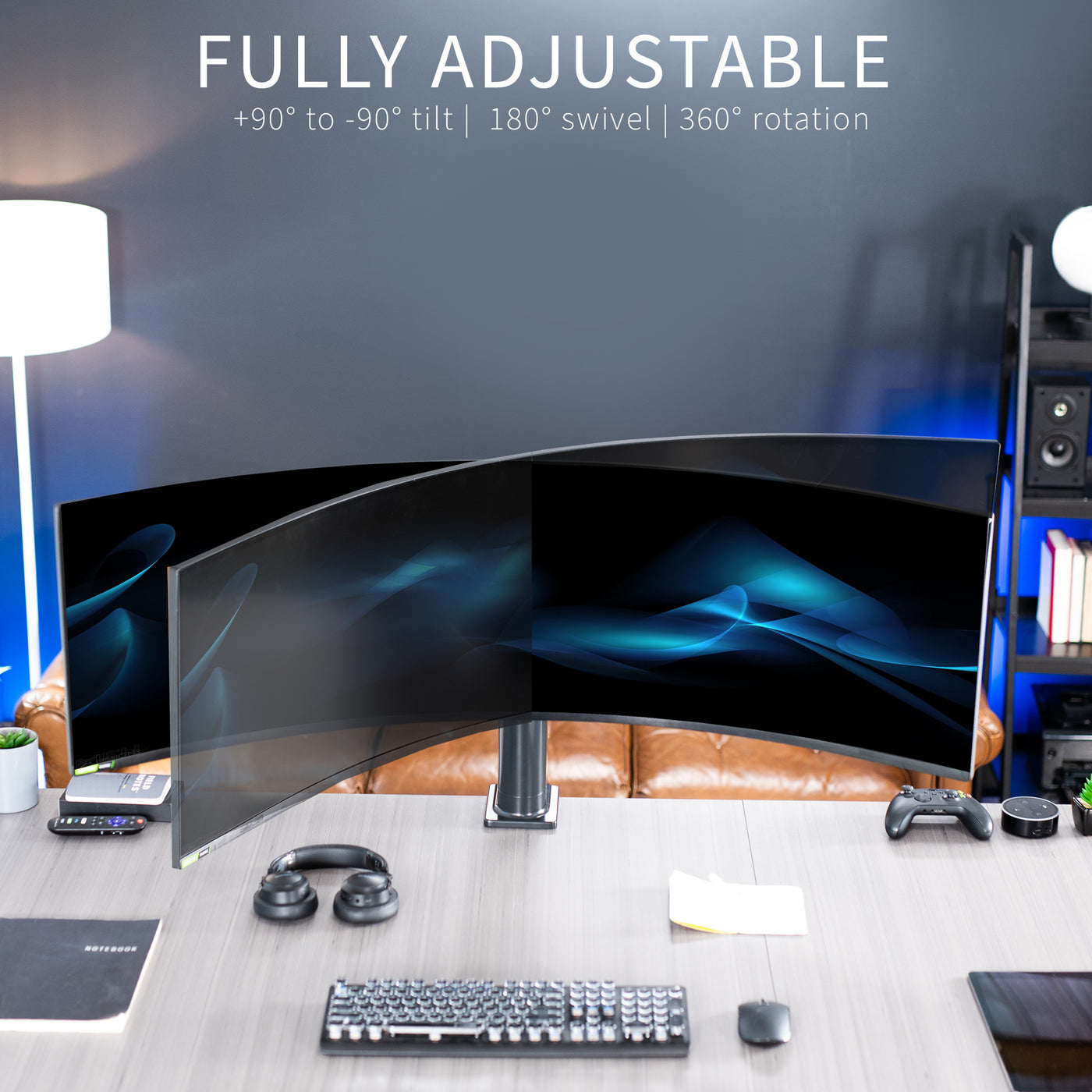 Single monitor ultrawide desk mount with electric height adjustment and full articulation.