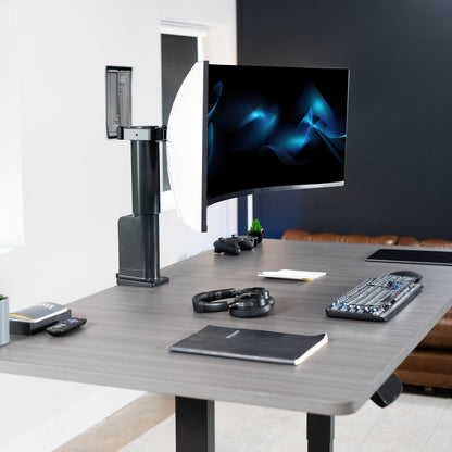 Single monitor ultrawide desk mount with electric height adjustment.