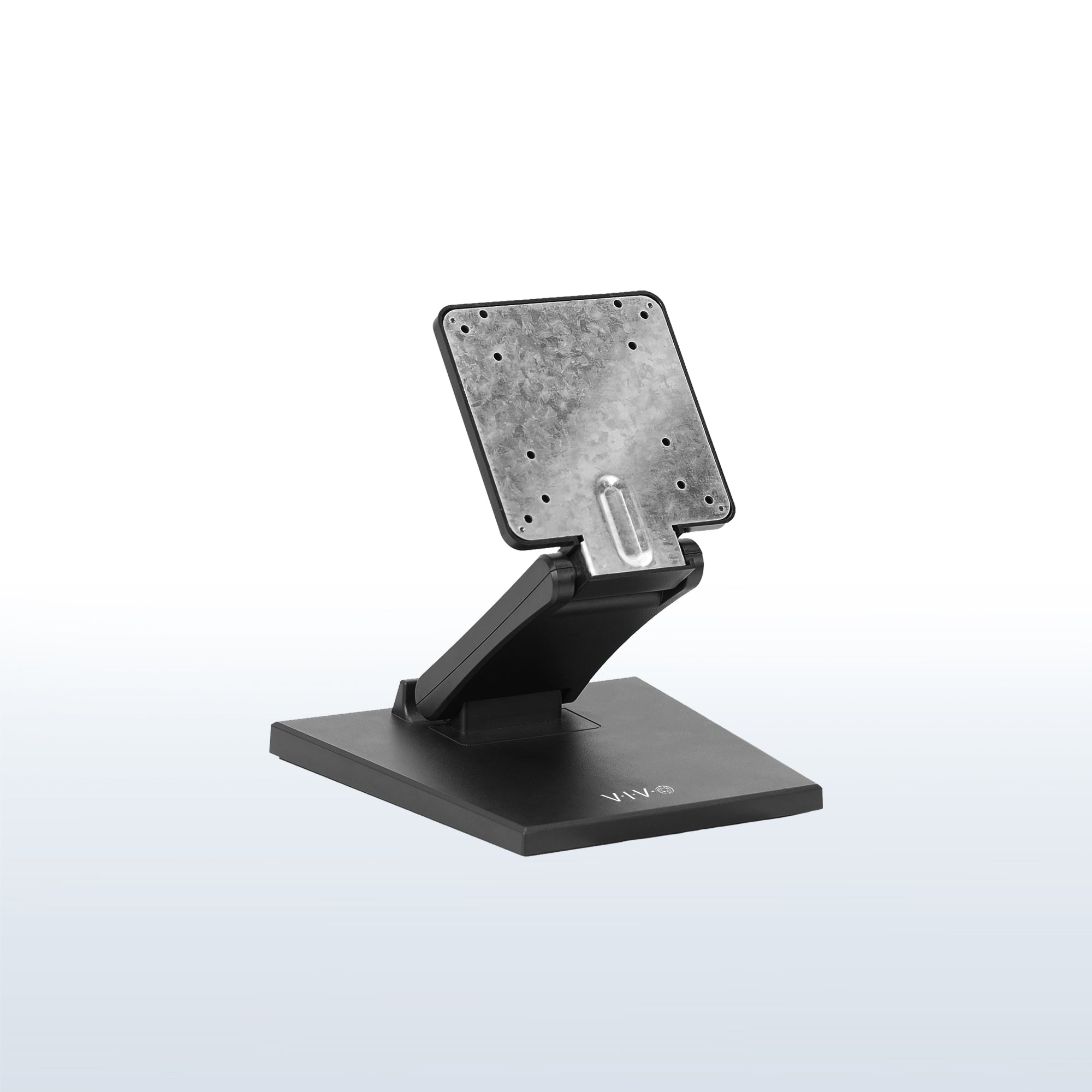Black tablet stand with metal plate on a white background