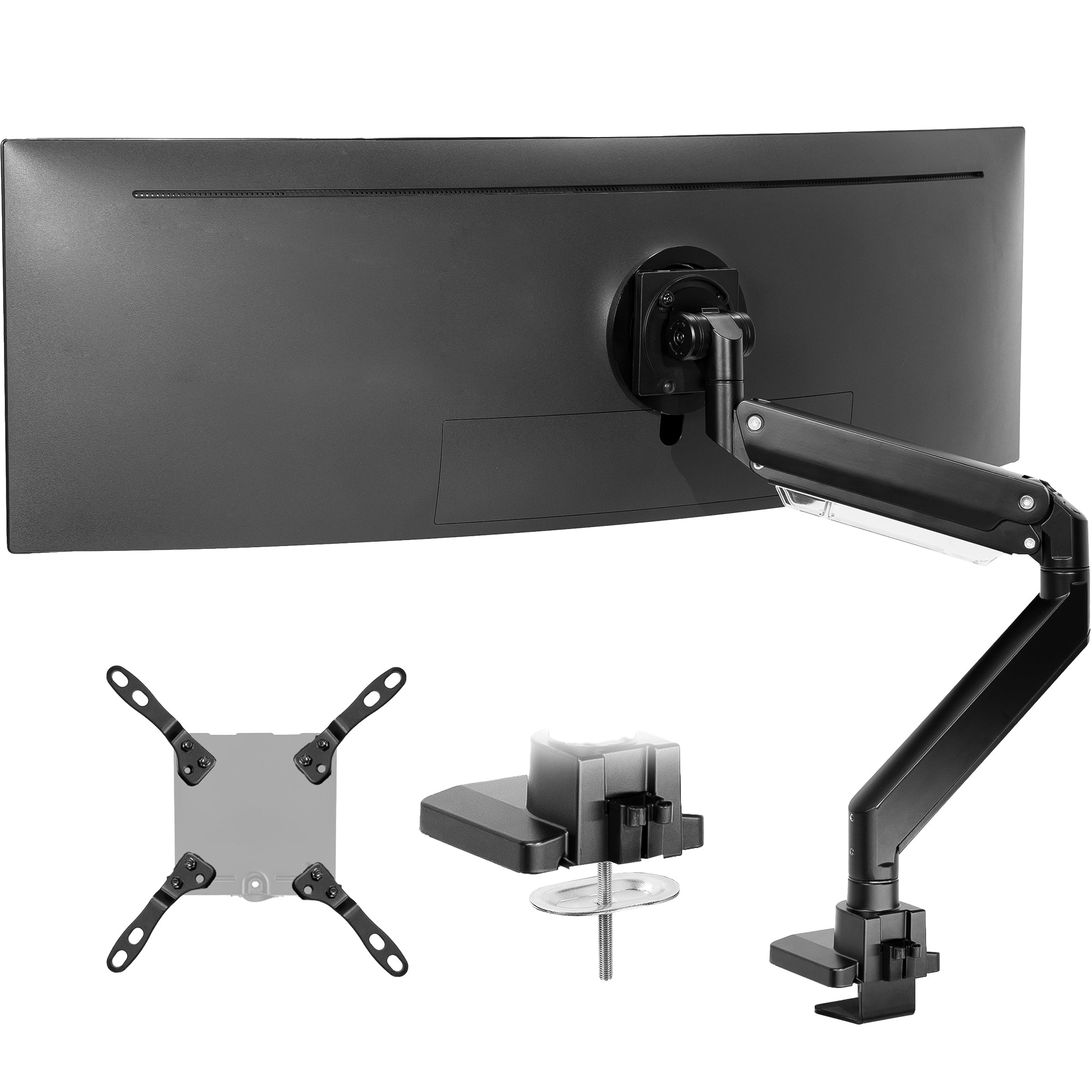 Pneumatic Spring TV and Monitor Desk Mount for curved and flat ultrawide screens.