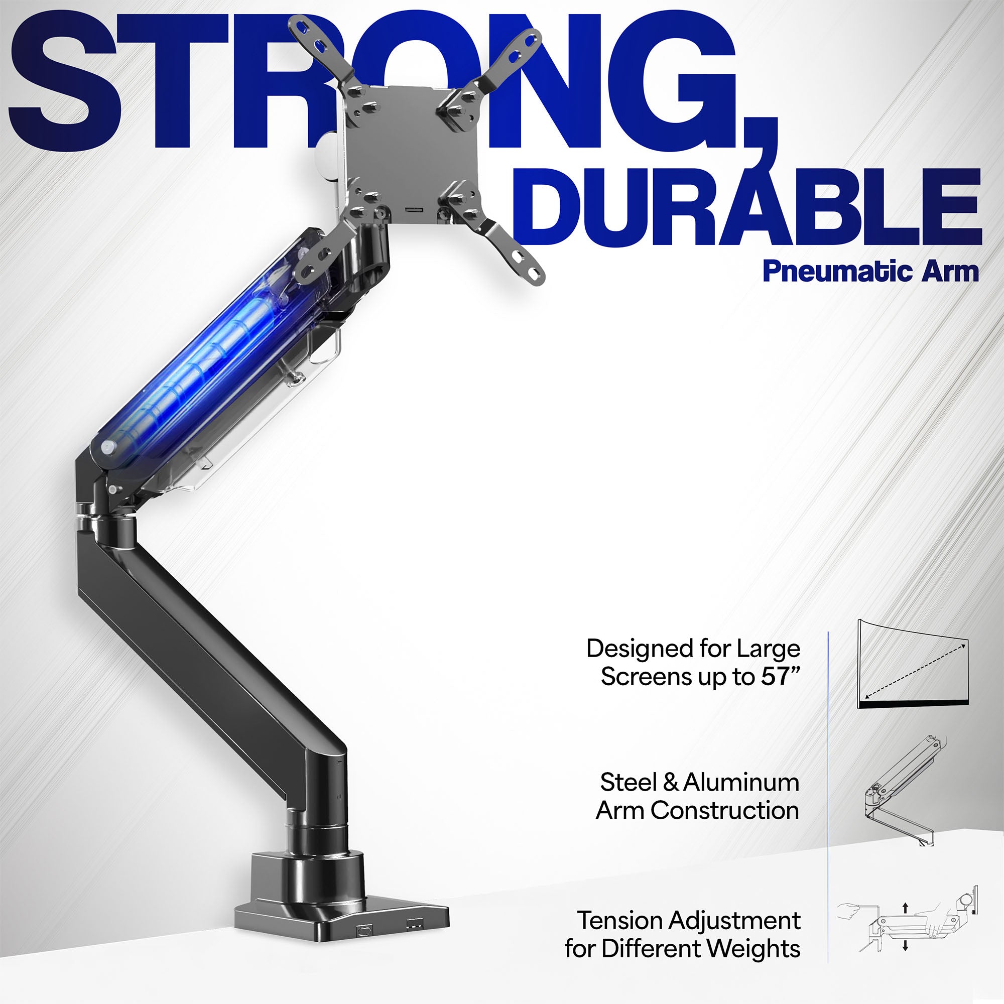 Pneumatic Spring TV and Monitor Desk Mount for curved and flat ultrawide screens.