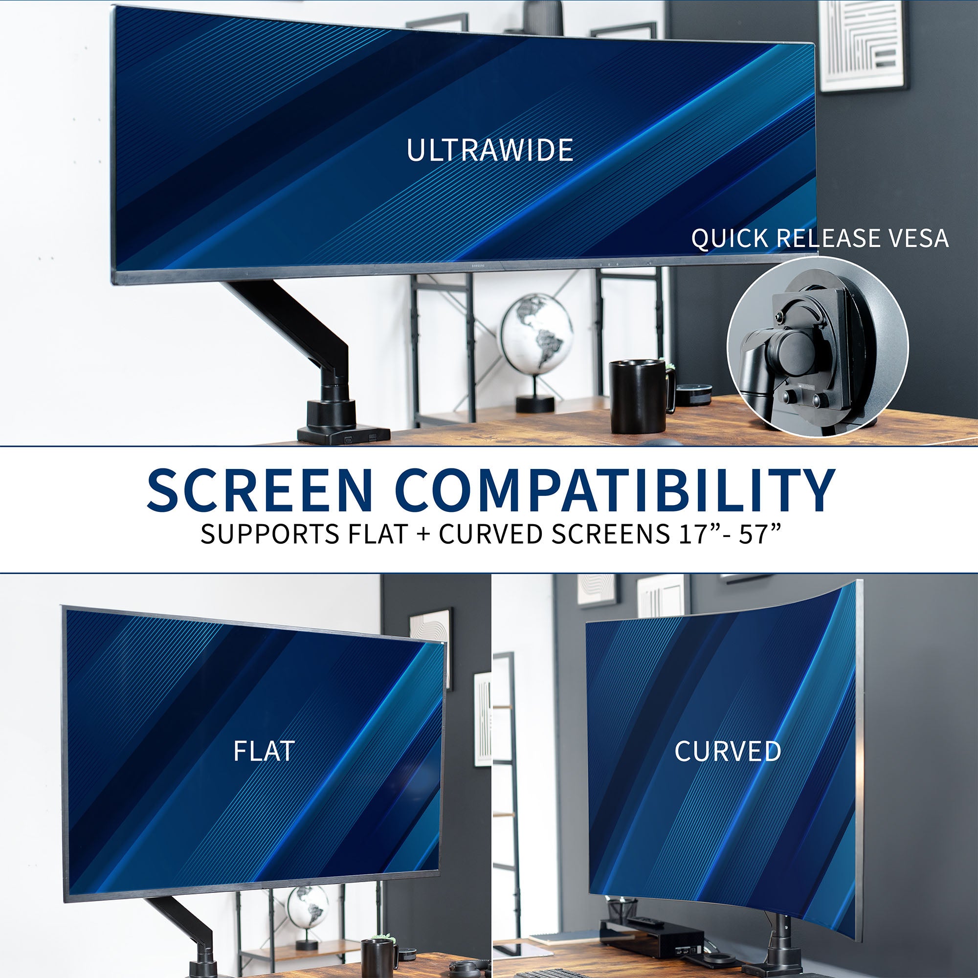 Pneumatic Spring TV and Monitor Desk Mount for curved and flat ultrawide screens.