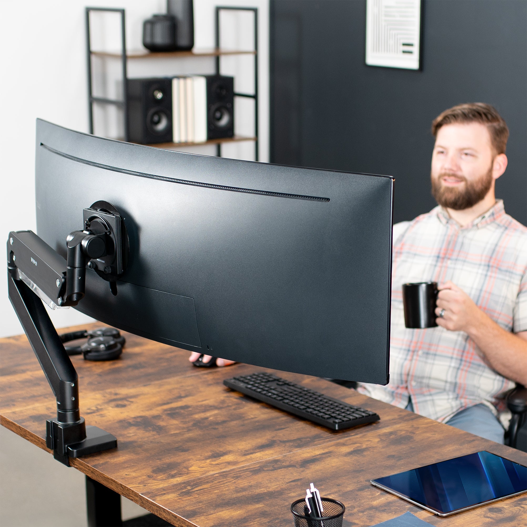 Pneumatic Spring TV and Monitor Desk Mount for curved and flat ultrawide screens.