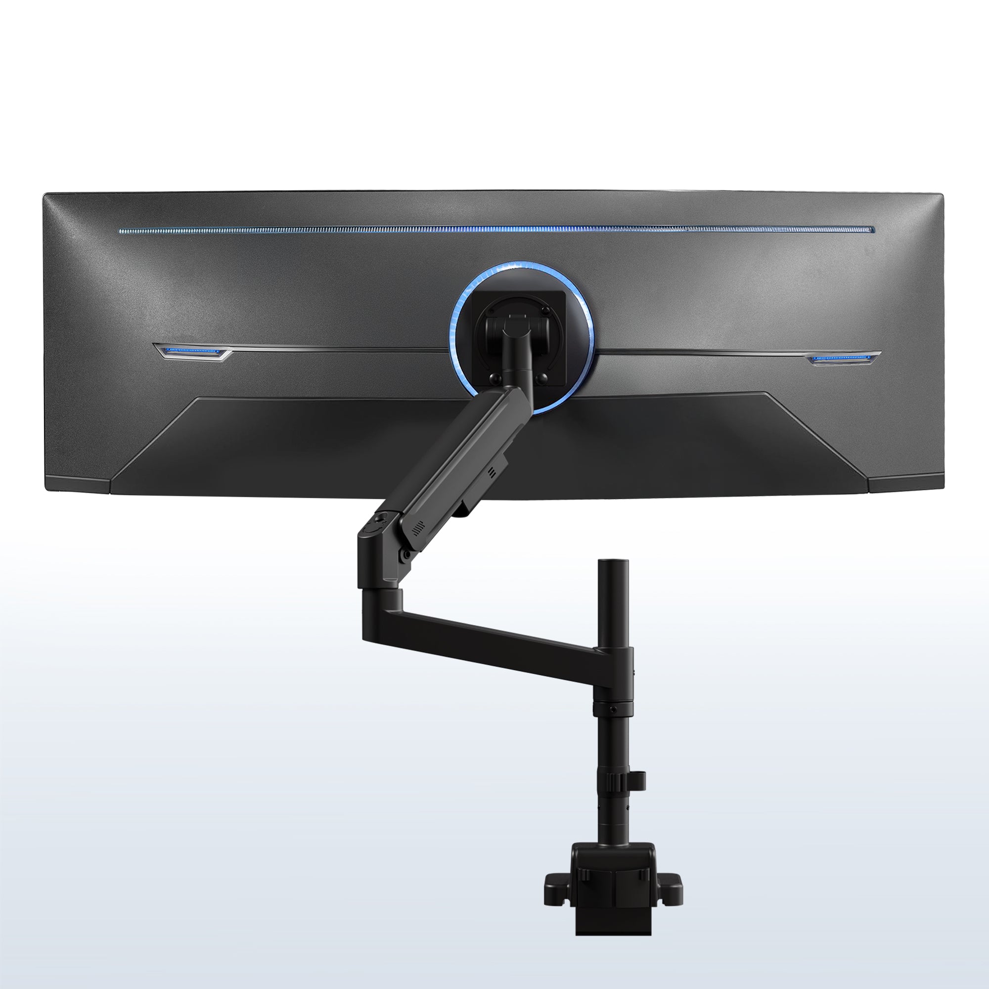 Single ultrawide monitor mounted on a pneumatic arm desk mount, with a black screen and blue accents. The mount includes a clamp base for attachment to a desk.
