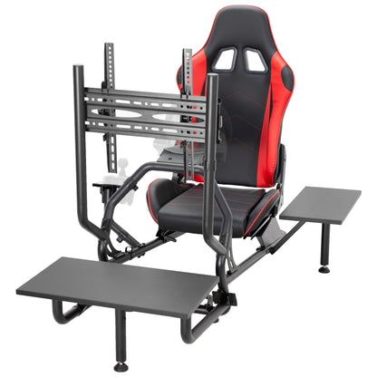 Racing simulator cockpit gaming chair with TV mount, PC shelf, and side shelf.