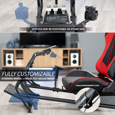 Racing simulator cockpit gaming chair with TV mount, PC shelf, and side shelf.