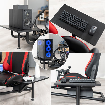 Racing simulator cockpit gaming chair with TV mount, PC shelf, and side shelf.