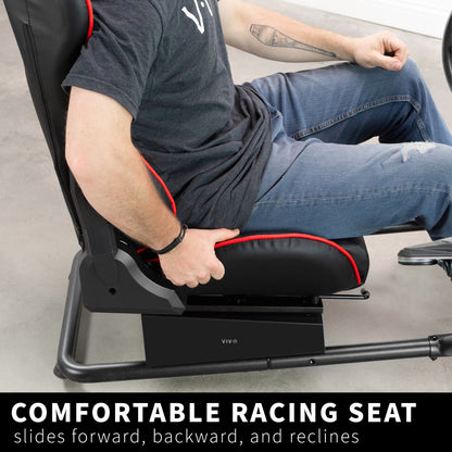 Person sitting on a adjustable racing seat with text highlighting its features.