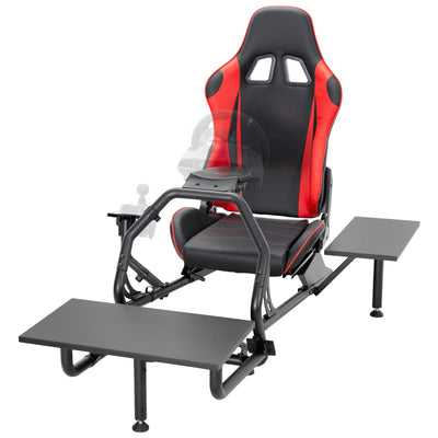 Racing simulator cockpit gaming chair with PC shelf and side shelf.