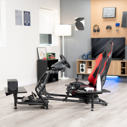 Racing simulator cockpit gaming chair with PC shelf and side shelf.