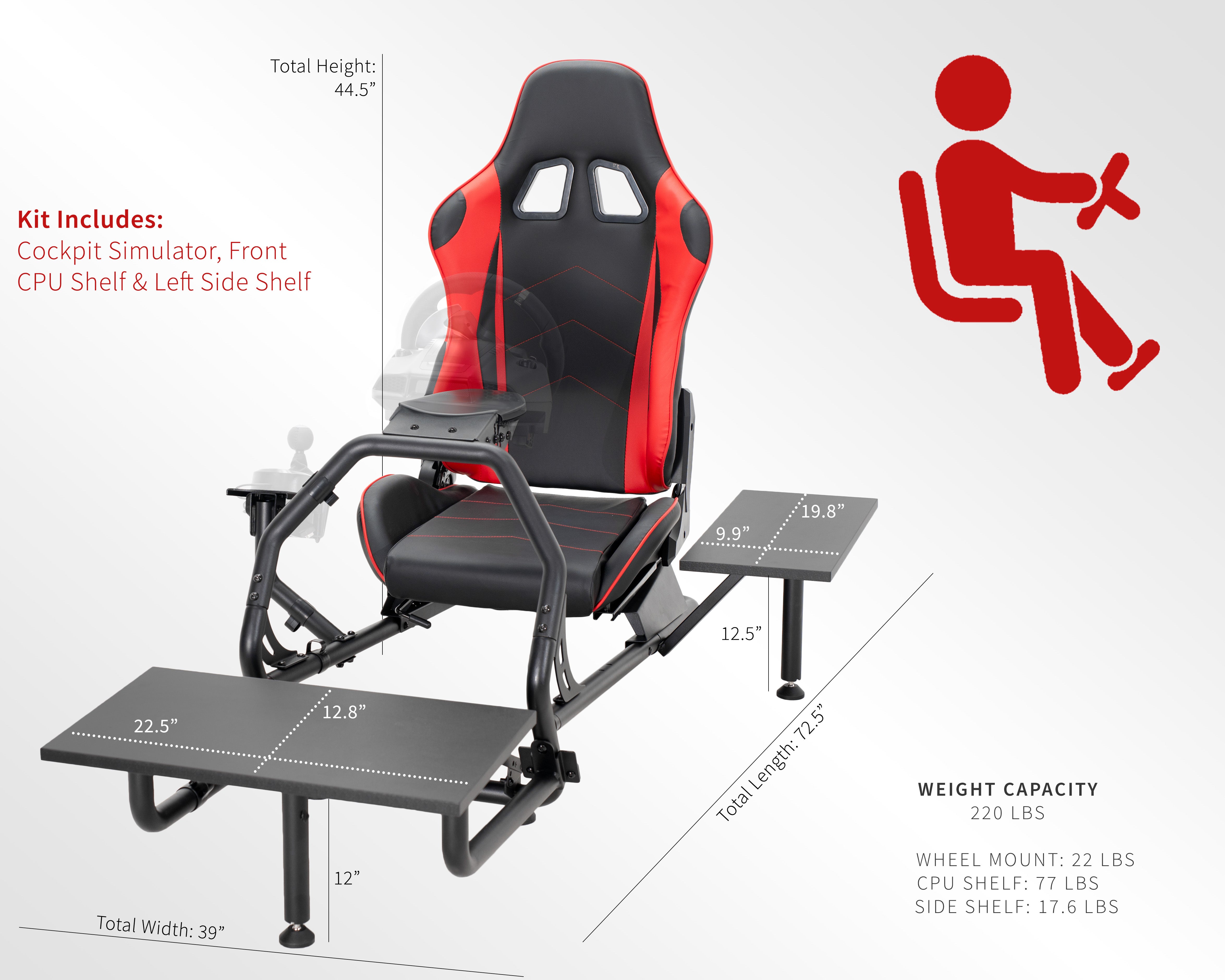 Gaming chair with dimensions and weight capacity details on a white background