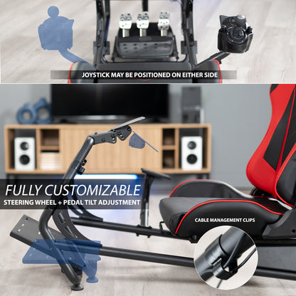 Racing simulator cockpit gaming chair with PC shelf and side shelf.