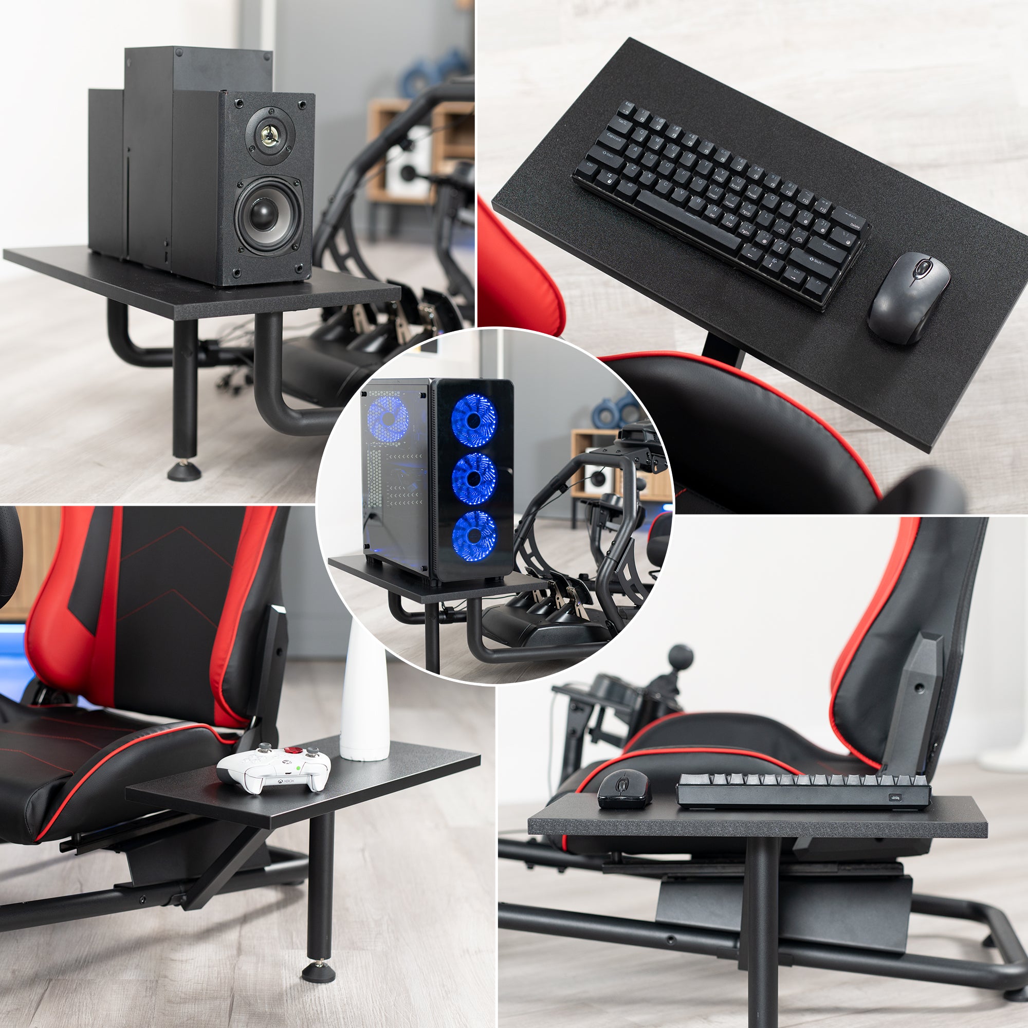 Racing simulator cockpit gaming chair with PC shelf and side shelf.