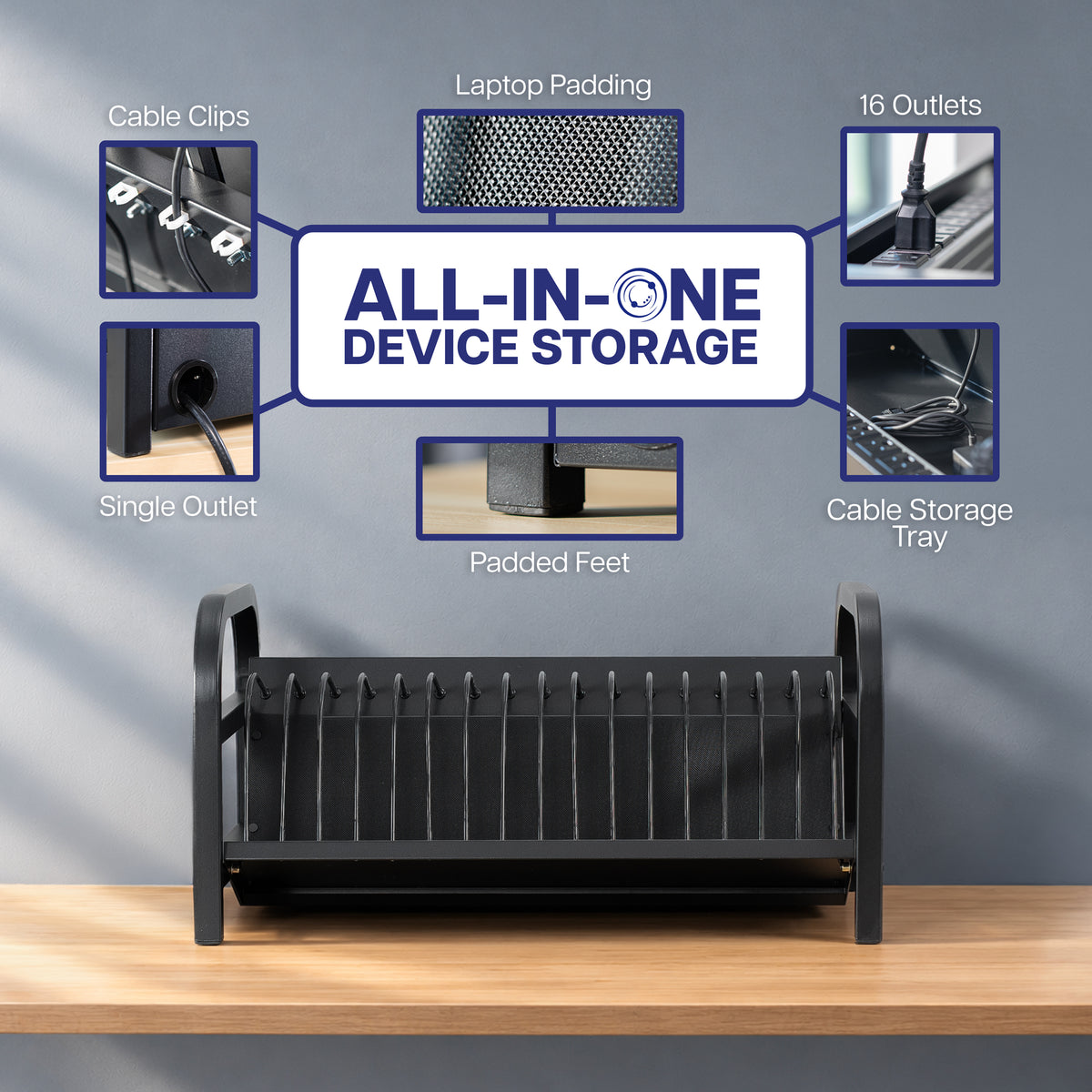 A black metal laptop organizer on a wooden desk against a gray wall, with feature callout panels showing cable clips, laptop padding, 16 outlets, single outlet, padded feet, and cable storage tray above it.
