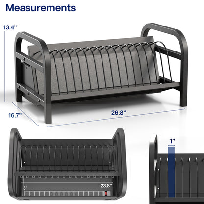 Black metal laptop holder with dimension annotations showing width, height, and depth measurements on a white background.