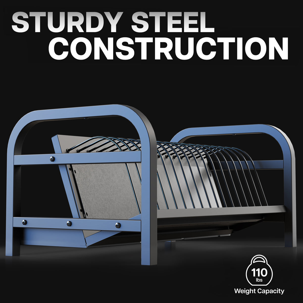 A steel laptop holder or device stand with a blue-painted frame and black wire slats, shown on a dark background with large white text reading 'STURDY STEEL CONSTRUCTION' and a small '110 kg Weight Capacity' icon.