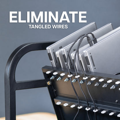 A close-up of a black laptop rack holding several silver laptops, with black cords routed through white ties. Large white text at the top reads 'ELIMINATE TANGLED WIRES' against a dark gray background.