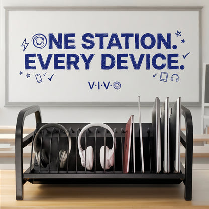 Headphone and device organizer with VIVO branding and text in the background