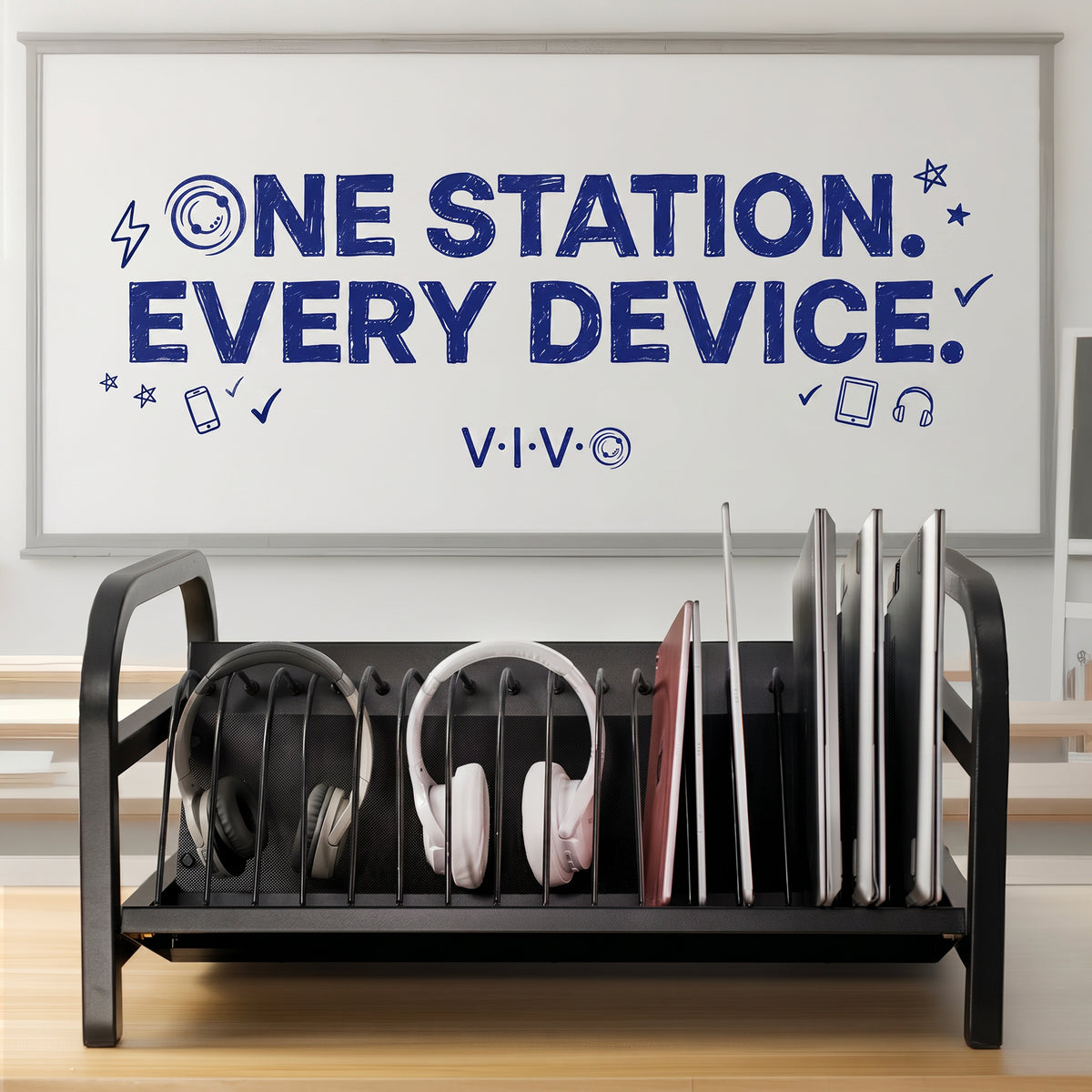Headphone and device organizer with VIVO branding and text in the background