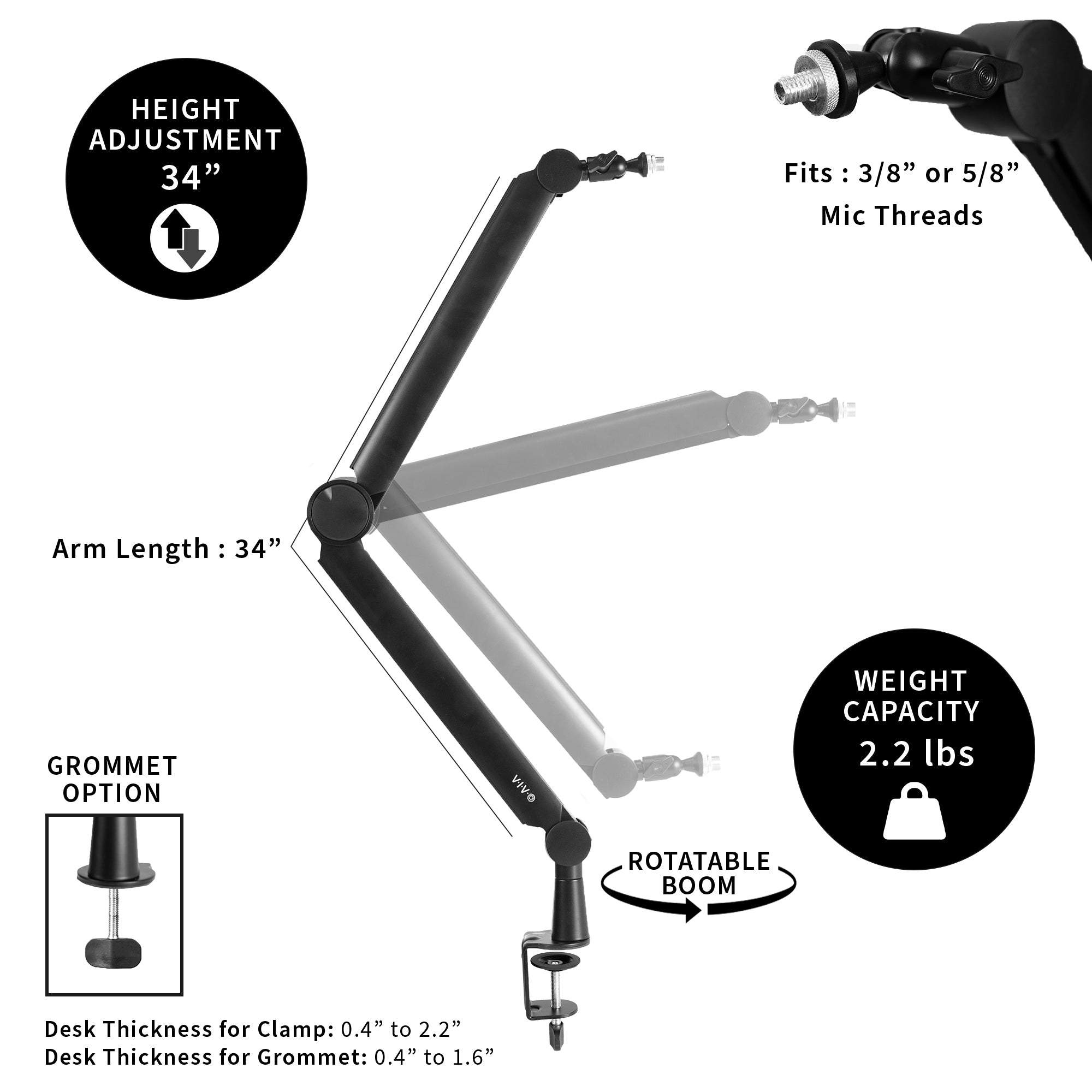 Ranging height adjustment and full rotation boom capabilities.