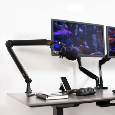 Elevate your mic or boom in your workspace to more comfortably produce content.