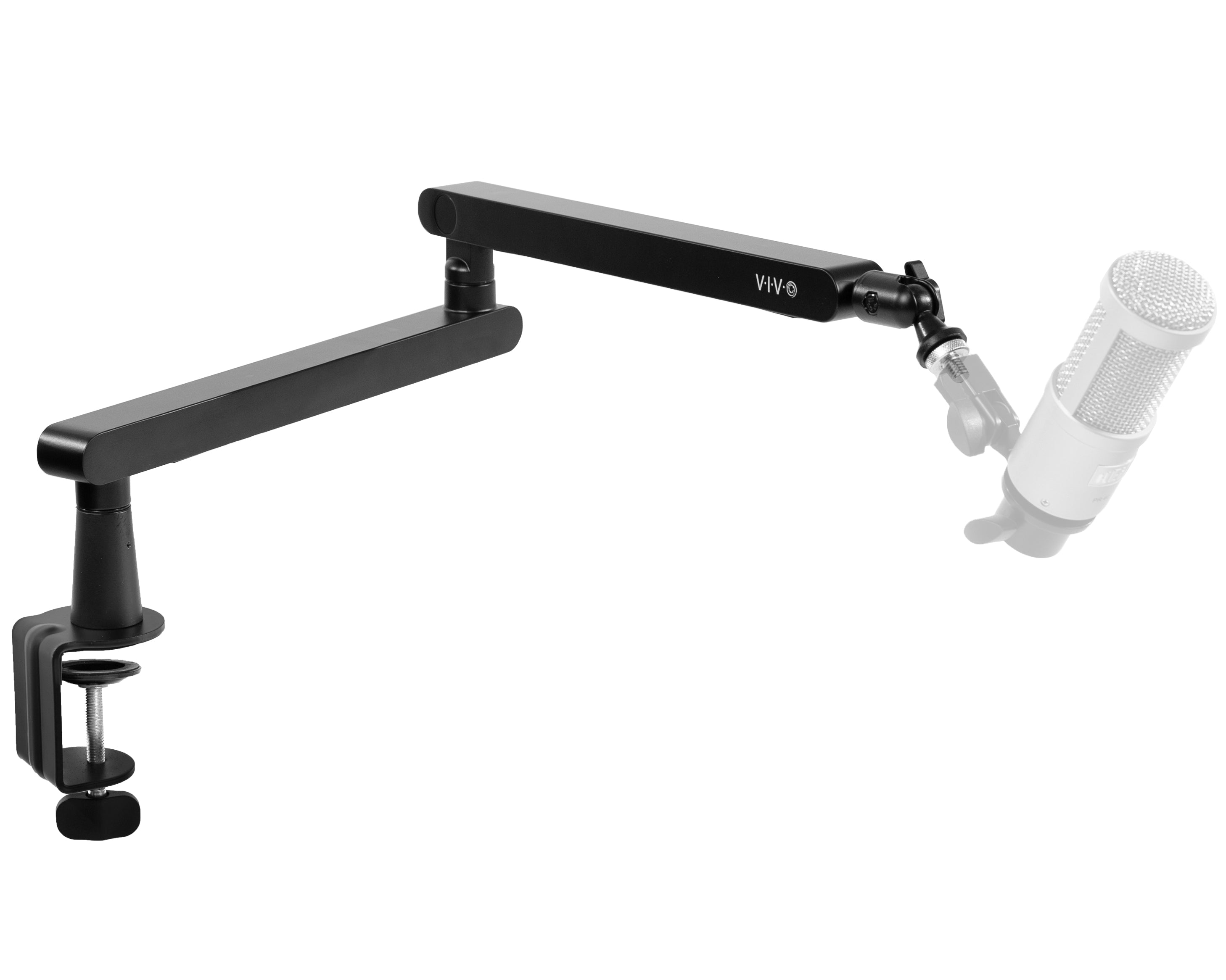 Low height adjustable clamp-on microphone arm desk mount.