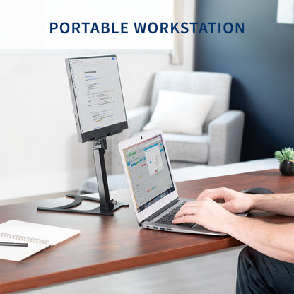 Portable monitor and tablet stand for desk.