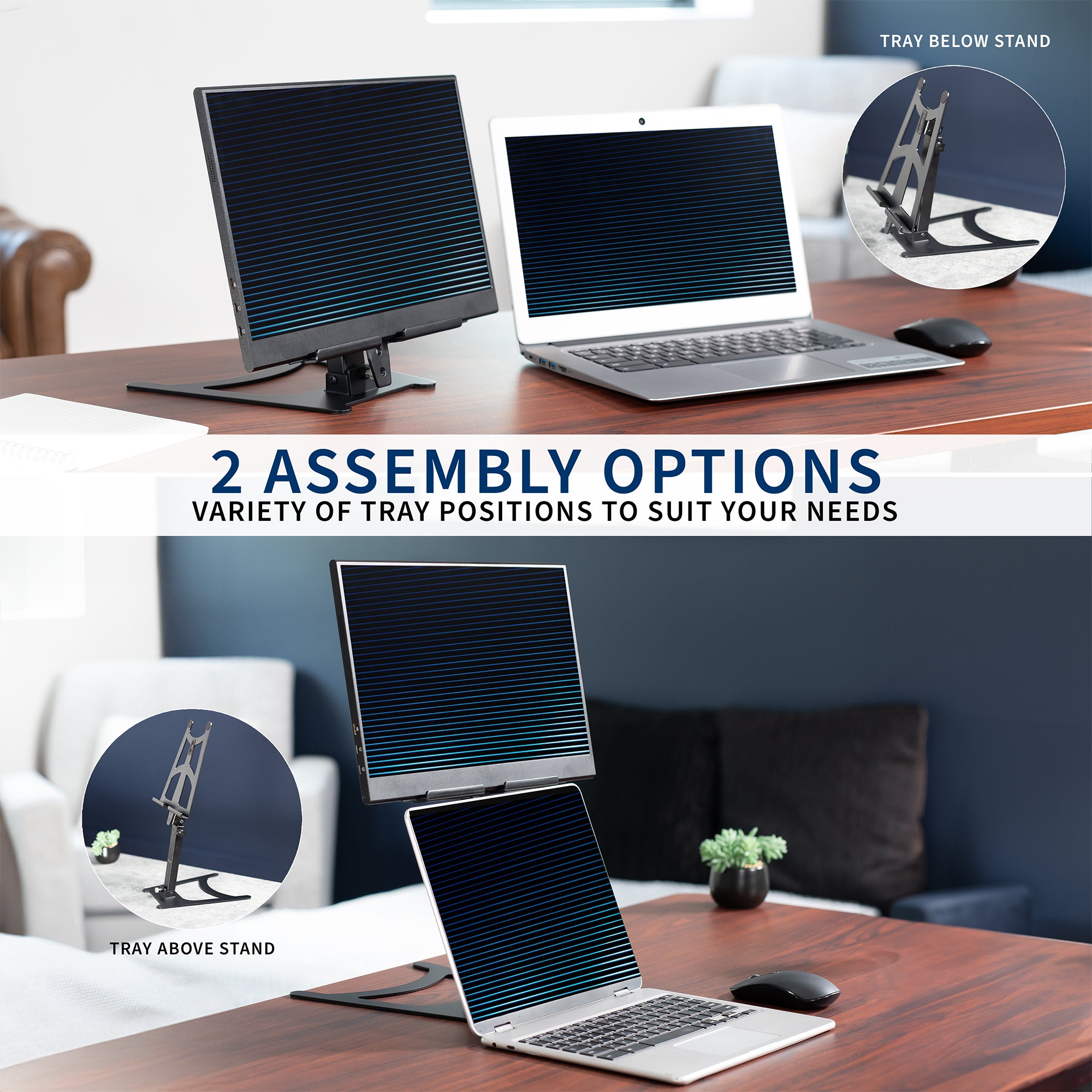 Portable monitor and tablet stand with assembly options.