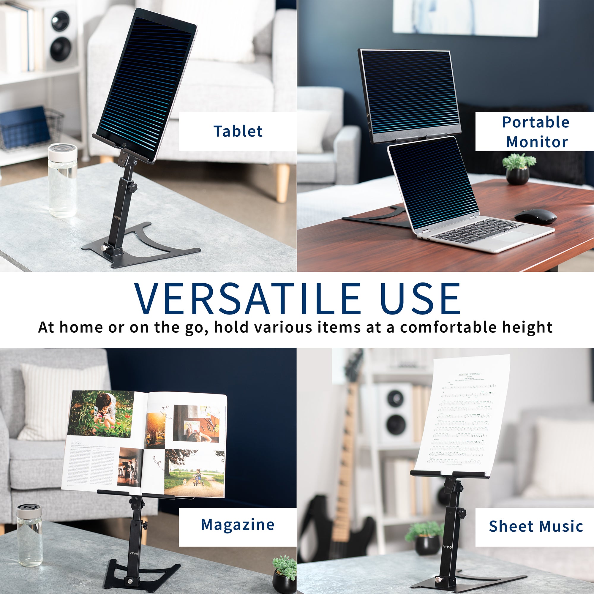 Portable monitor and tablet stand for desk.