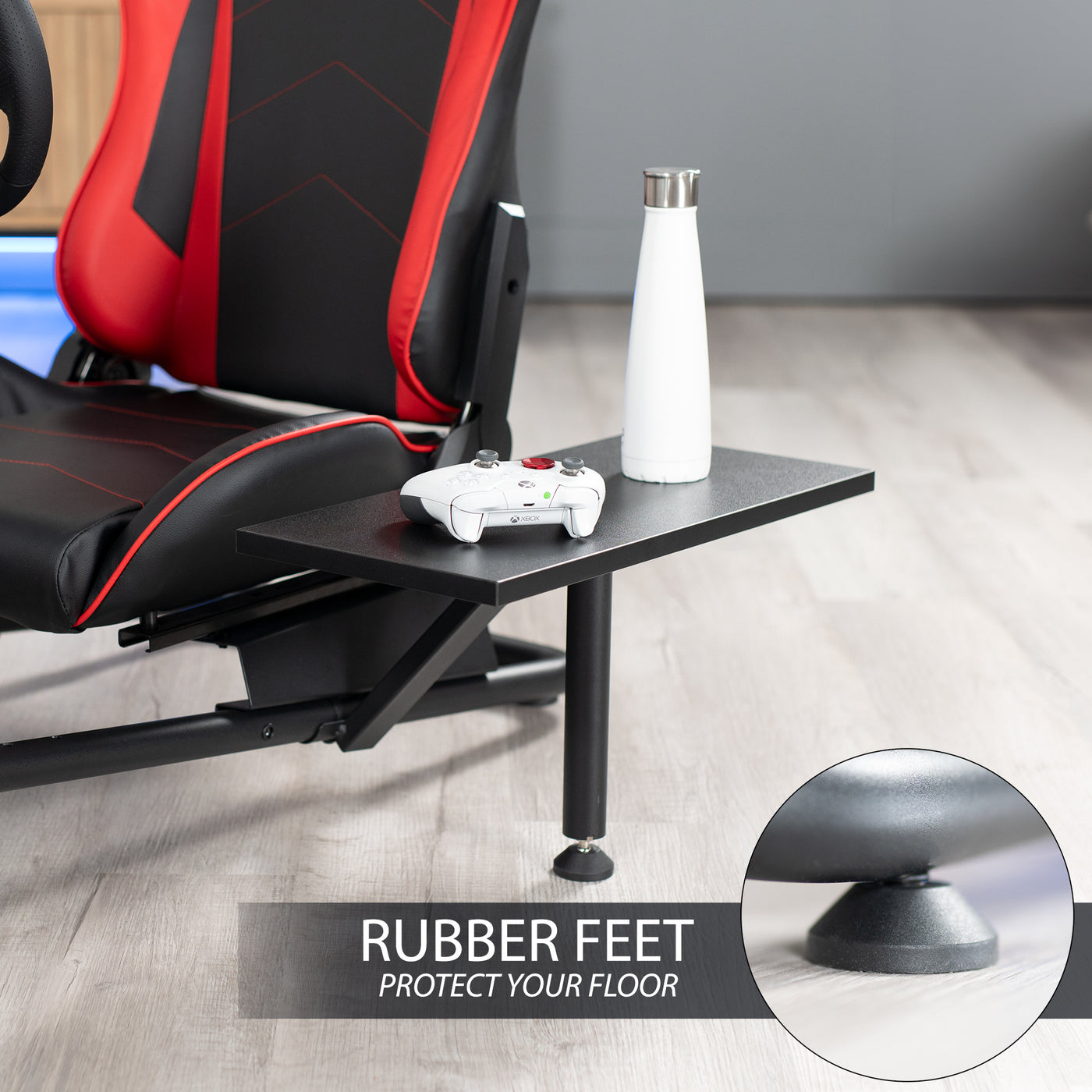 Racing simulator cockpit gaming chair with PC shelf and side shelf.