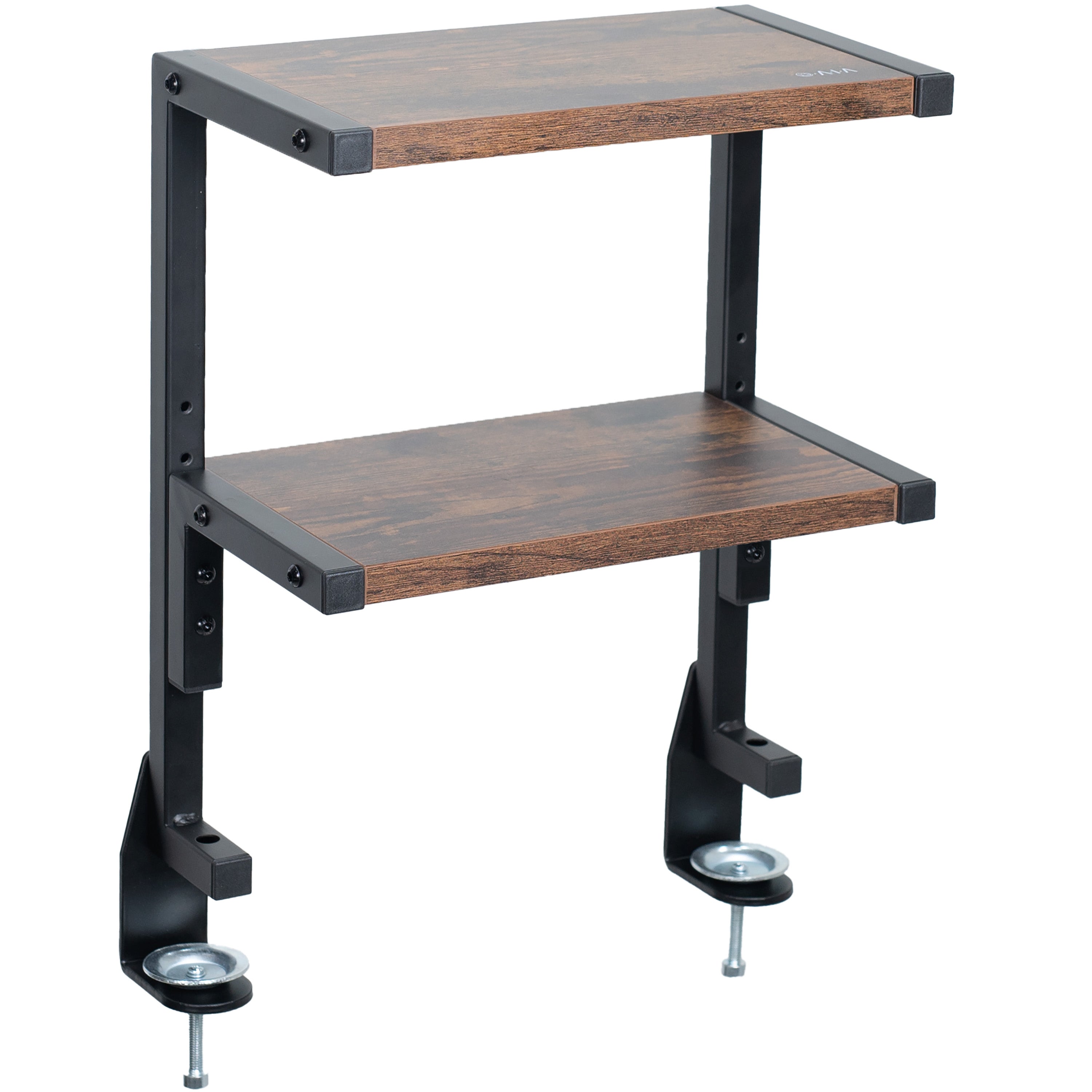 Rustic above desk or below desk clamp-on shelf with two shelves for convenient storage and organization. Lower shelf height adjusts and is removable.