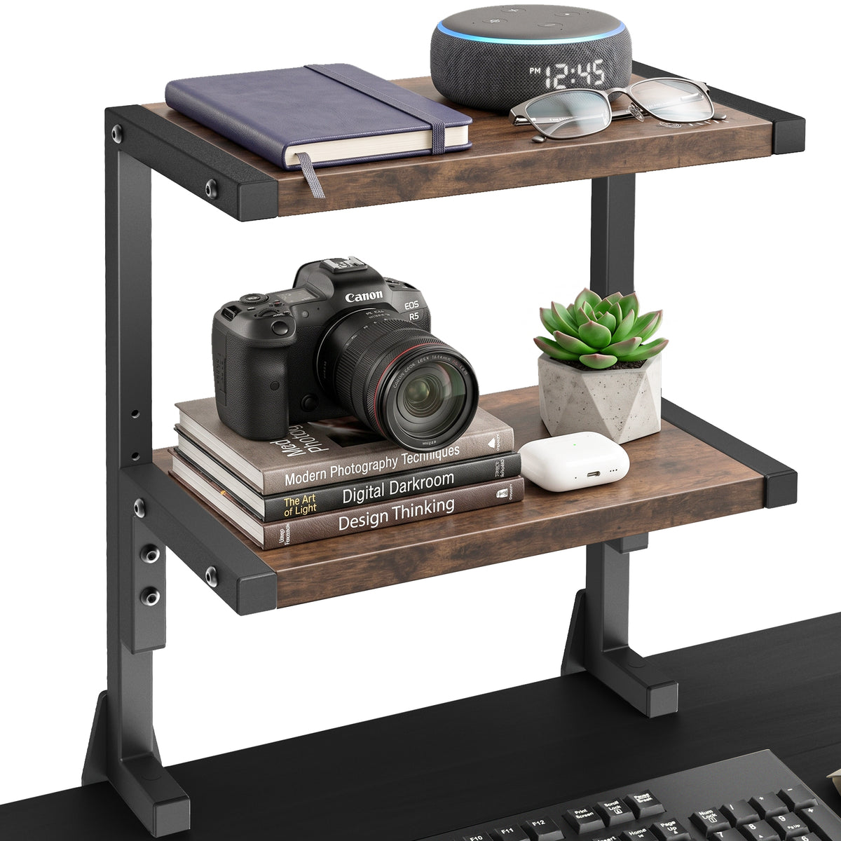Vintage brown dual-tier above/below desktop shelf with desk accessories clamped onto edge of desk
