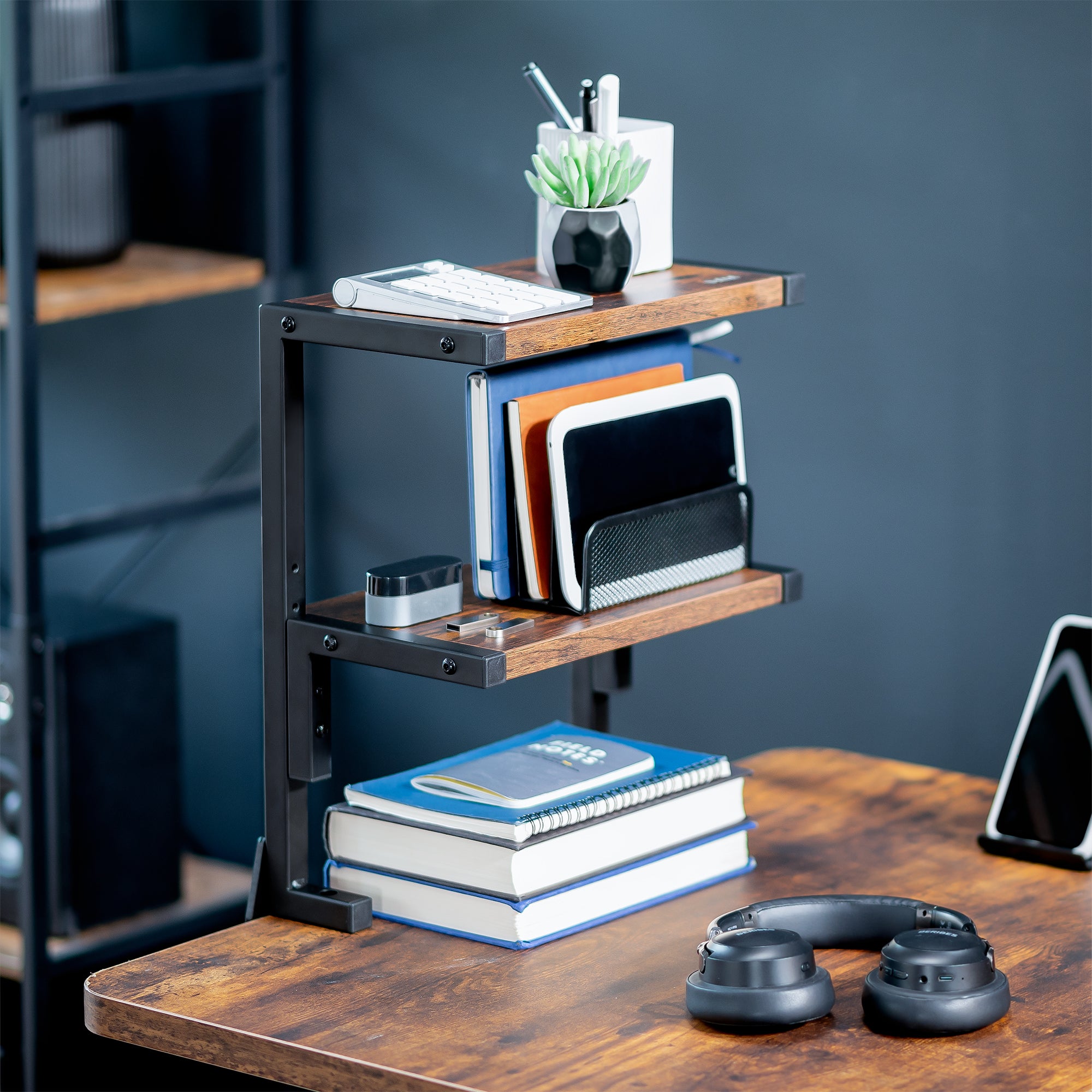 Rustic above desk or below desk clamp-on shelf with two shelves for convenient storage and organization. Lower shelf height adjusts and is removable.