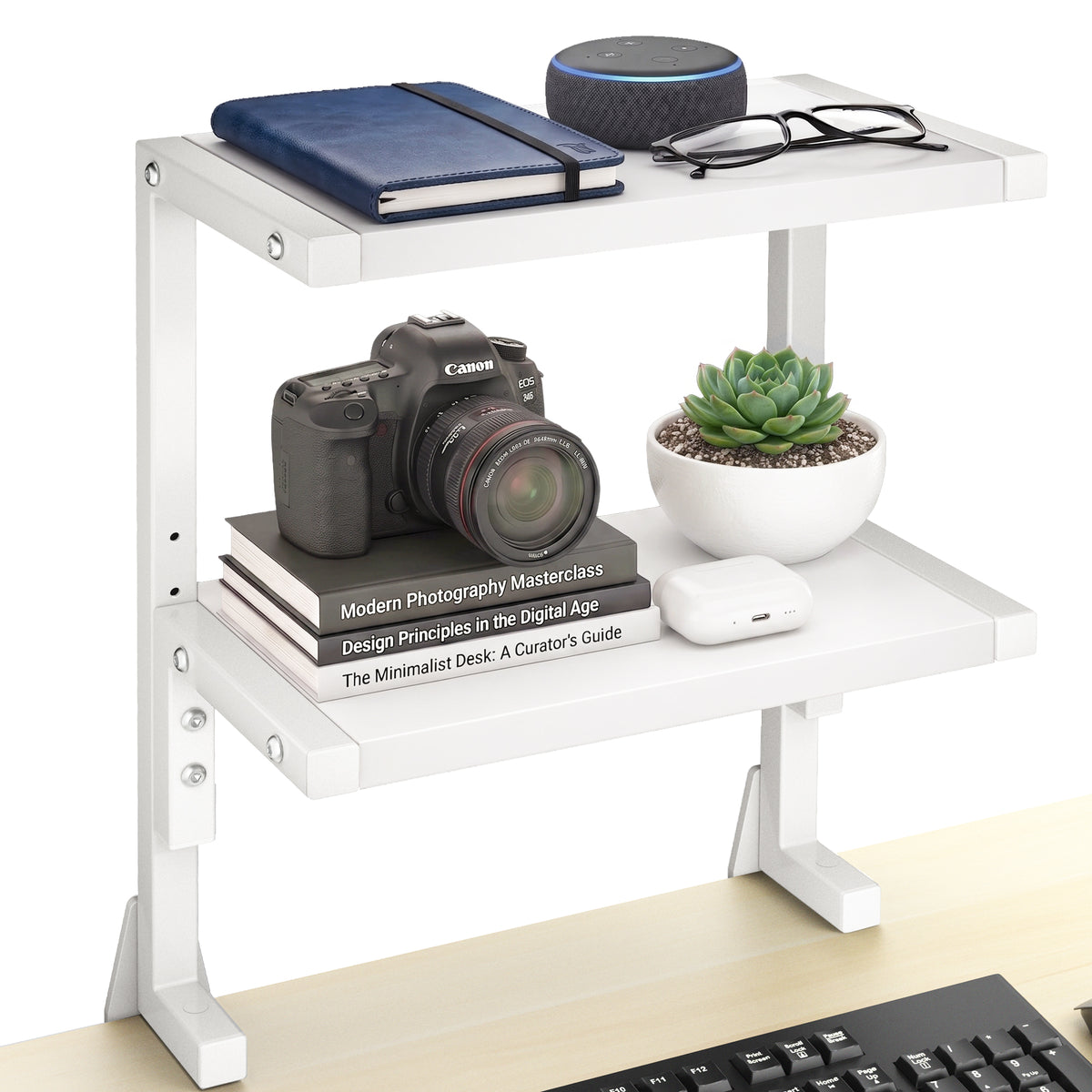 Sleek above desk or below desk clamp-on shelf with two shelves for convenient storage and organization. Lower shelf height adjusts and is removable.