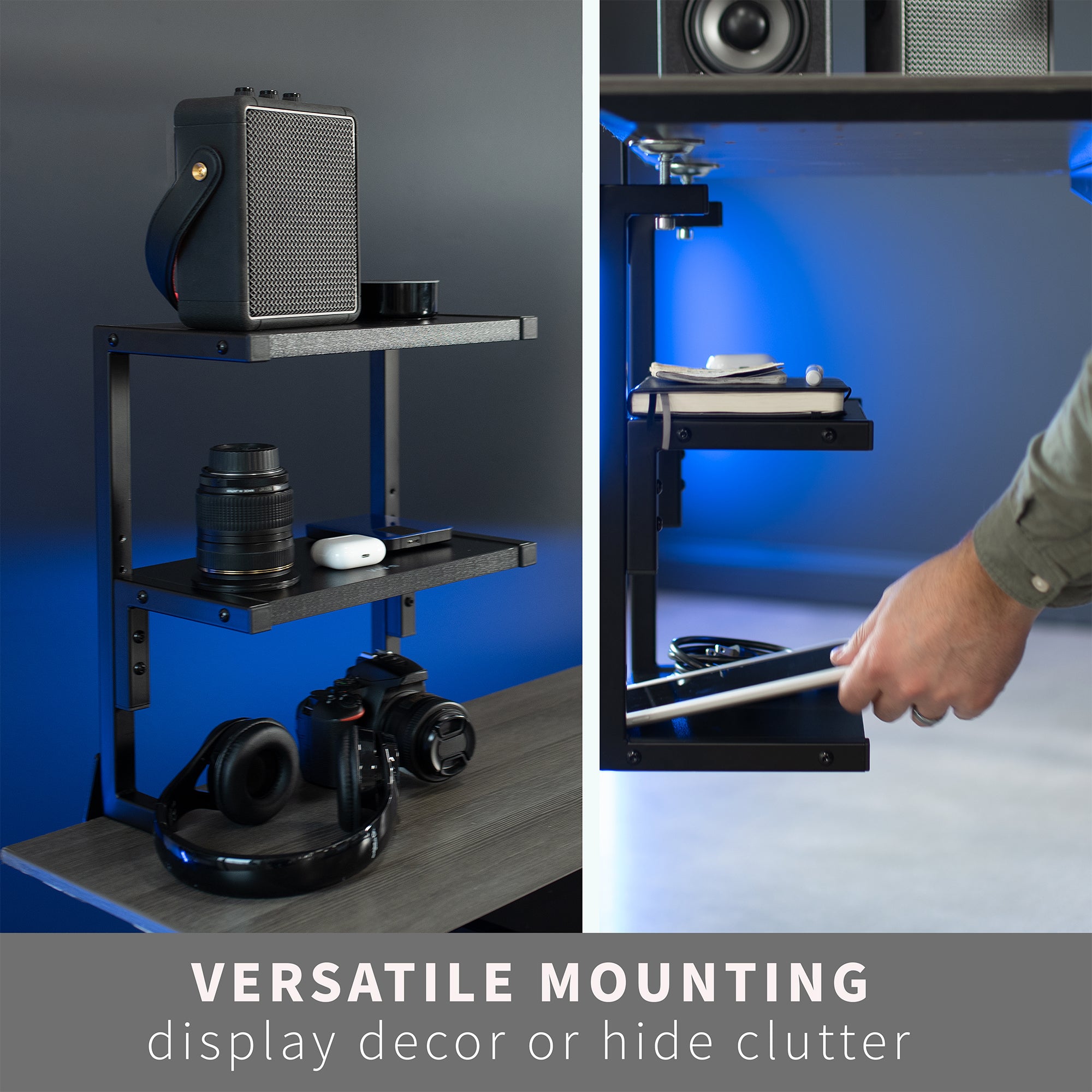 Sleek above desk or below desk clamp-on shelf with two shelves for convenient storage and organization. Lower shelf height adjusts and is removable.