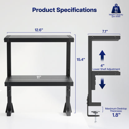 Above/Below Clamp-on Dual Shelf product specifications shown on a gray background