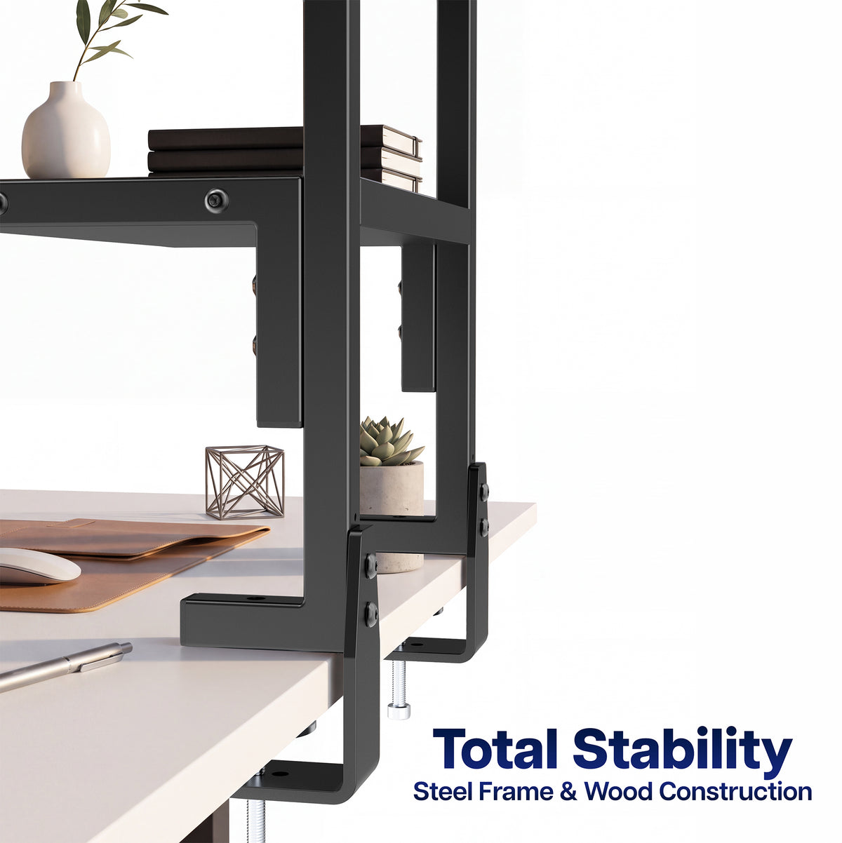Above/Below Clamp-on Dual Shelf with text stating "Total Stability" "steel frame and wood construction"