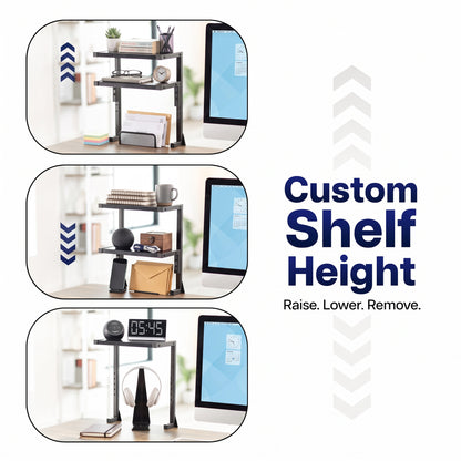 Custom shelf height shown in image, displaying the ability to raise, lower, and remove the shelves