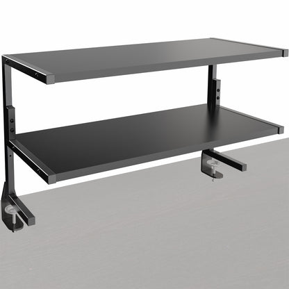 Wide spacious above desk or below desk clamp-on shelf with two shelves for convenient storage and organization. Lower shelf height adjusts.